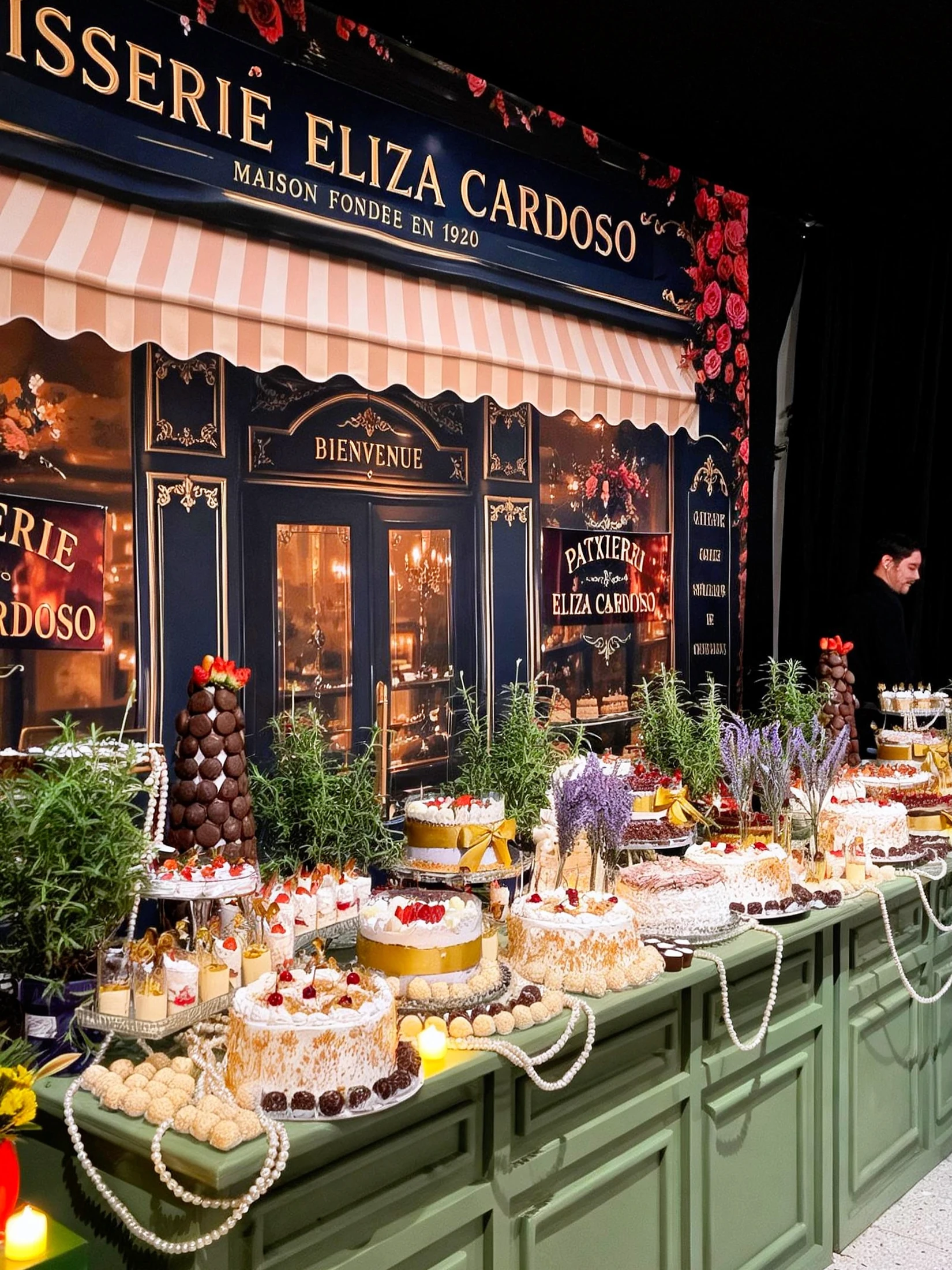 Mesa de doces com bolos e sobremesas apresentados em cenografia de pâtisserie.